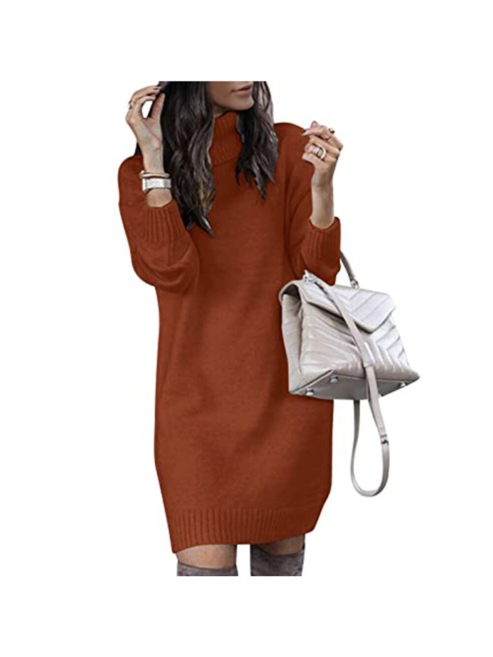 Womens Turtleneck Oversized Knit Sweater Dress Long Sleeve Casual